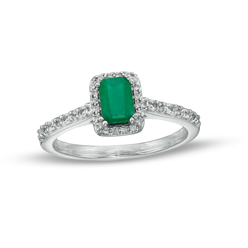Main Image 1 of Emerald-Cut Emerald and 0.20 CT. T.W. Baguette and Round Diamond Frame Alternating Shank Ring in 14K White Gold