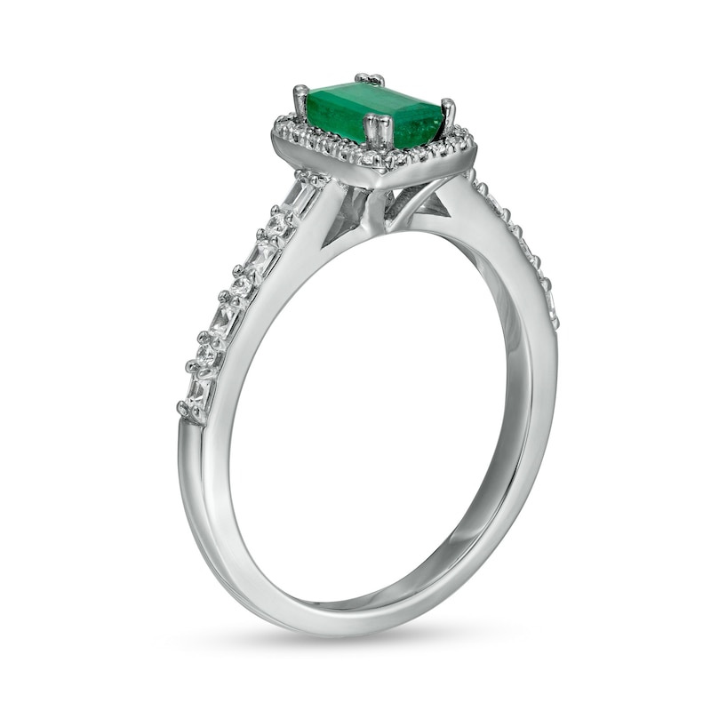 Main Image 3 of Emerald-Cut Emerald and 0.20 CT. T.W. Baguette and Round Diamond Frame Alternating Shank Ring in 14K White Gold
