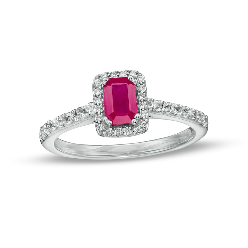 Emerald-Cut Ruby and 0.20 CT. T.W. Baguette and Round Diamond Frame Alternating Shank Ring in 14K White Gold