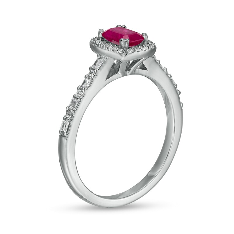 Emerald-Cut Ruby and 0.20 CT. T.W. Baguette and Round Diamond Frame Alternating Shank Ring in 14K White Gold