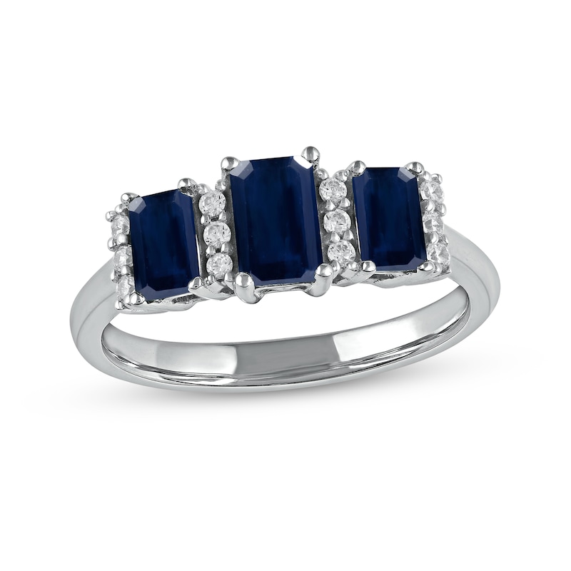 Emerald-Cut Blue Sapphire and 0.12 CT. T.W. Diamond Stacked Trios Three Stone Ring in 14K White Gold