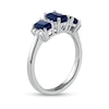 Thumbnail Image 1 of Emerald-Cut Blue Sapphire and 0.12 CT. T.W. Diamond Stacked Trios Three Stone Ring in 14K White Gold