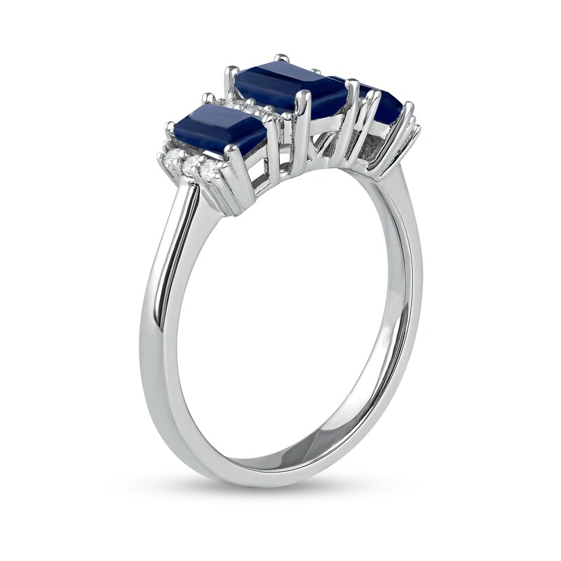 Emerald-Cut Blue Sapphire and 0.12 CT. T.W. Diamond Stacked Trios Three Stone Ring in 14K White Gold