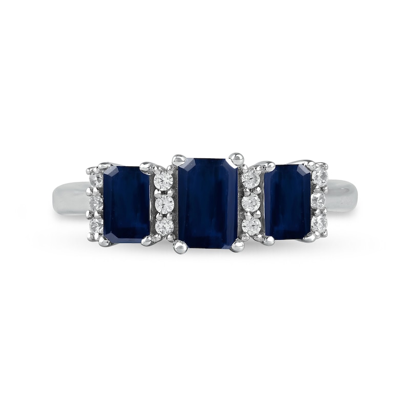 Emerald-Cut Blue Sapphire and 0.12 CT. T.W. Diamond Stacked Trios Three Stone Ring in 14K White Gold