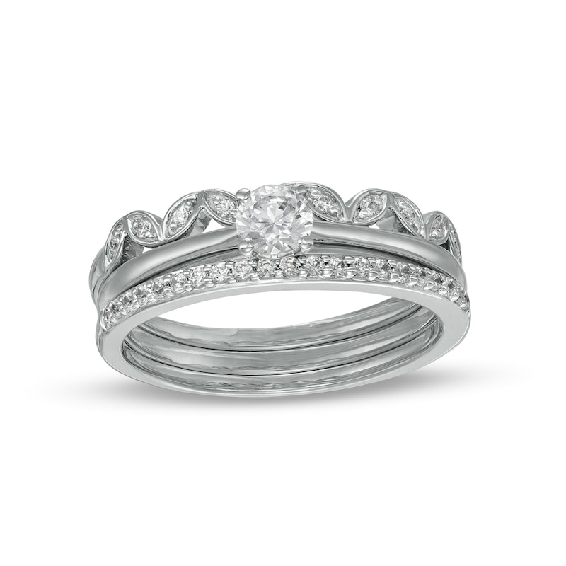 Main Image 1 of 0.37 CT. T.W. Diamond Alternating Leaf Three Piece Bridal Set in 10K White Gold (J/I3)