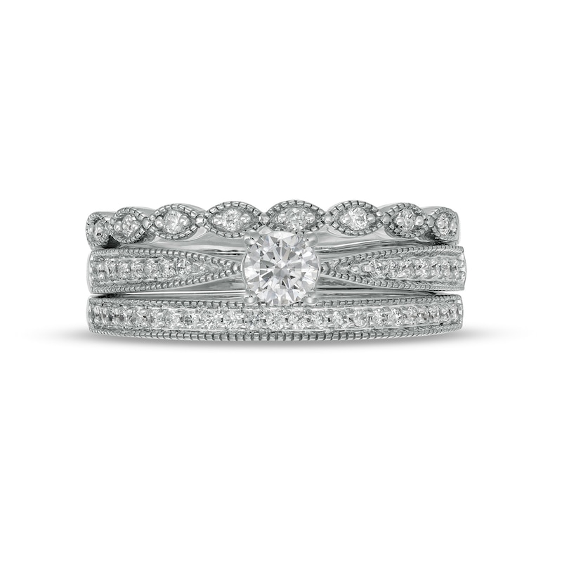 0.45 CT. T.W. Diamond Vintage-Style Three Piece Bridal Set in 10K White Gold (J/I3)