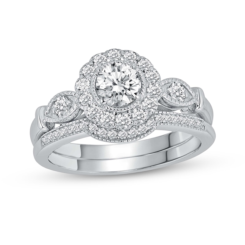 Main Image 1 of 0.90 CT. T.W. Diamond Flower Frame Marquise-Shaped Collar Bridal Set in 14K White Gold