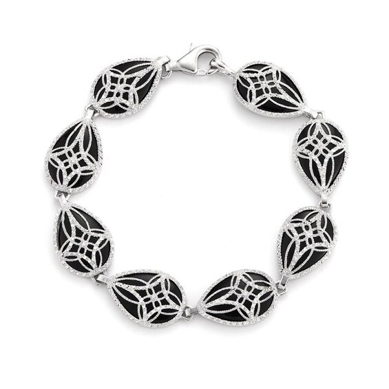 Sideways Pear-Shaped Black Onyx with Diamond-Cut Beaded Cross Overlay Vintage-Style Line Bracelet in Sterling Silver