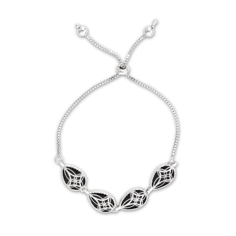 Sideways Pear-Shaped Onyx with Diamond-Cut Beaded Cross Overlay Vintage-Style Bolo Bracelet in Sterling Silver - 10"