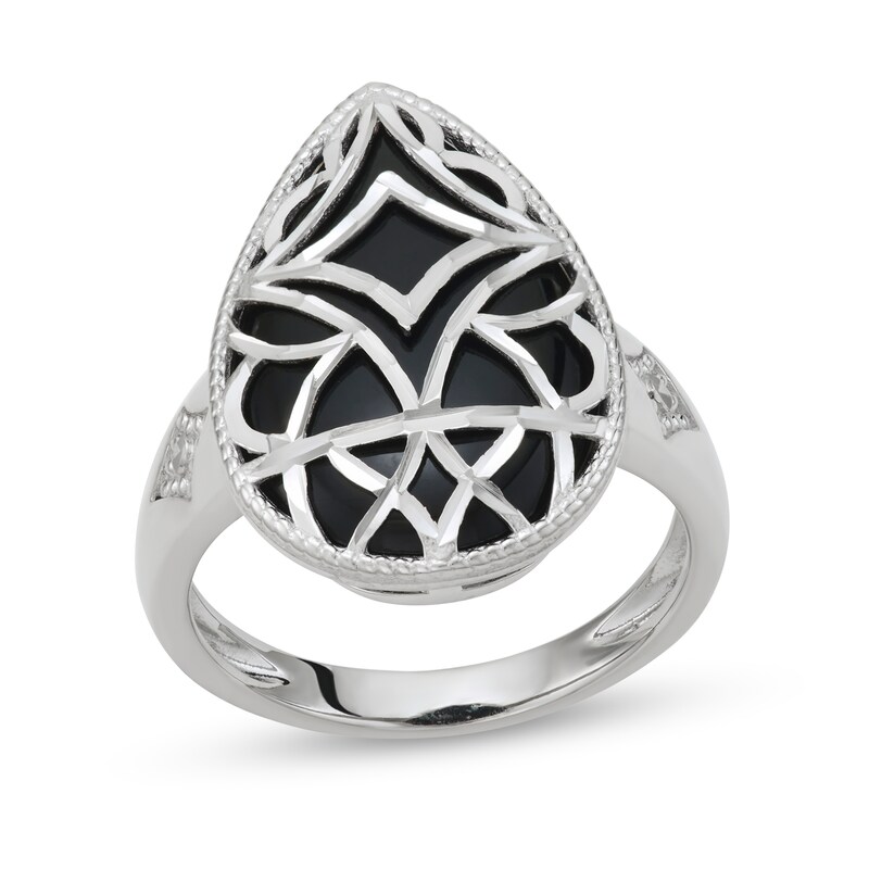 Pear-Shaped Black Onyx Bead Frame with Diamond-Cut Art Deco Overlay Vintage-Style Ring in Sterling Silver - Size 7