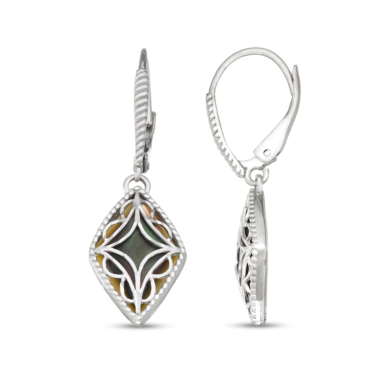Black Mother-of-Pearl Bead Frame with Diamond-Cut Art Deco Overlay Kite-Shaped Drop Earrings in Sterling Silver|Peoples Jewellers