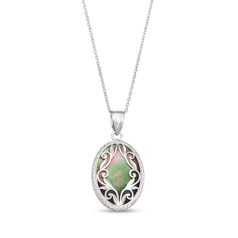 Oval Black Mother-of-Pearl Rope Frame with Diamond-Cut Leaf Vine Overlay Vintage-Style Drop Pendant in Sterling Silver