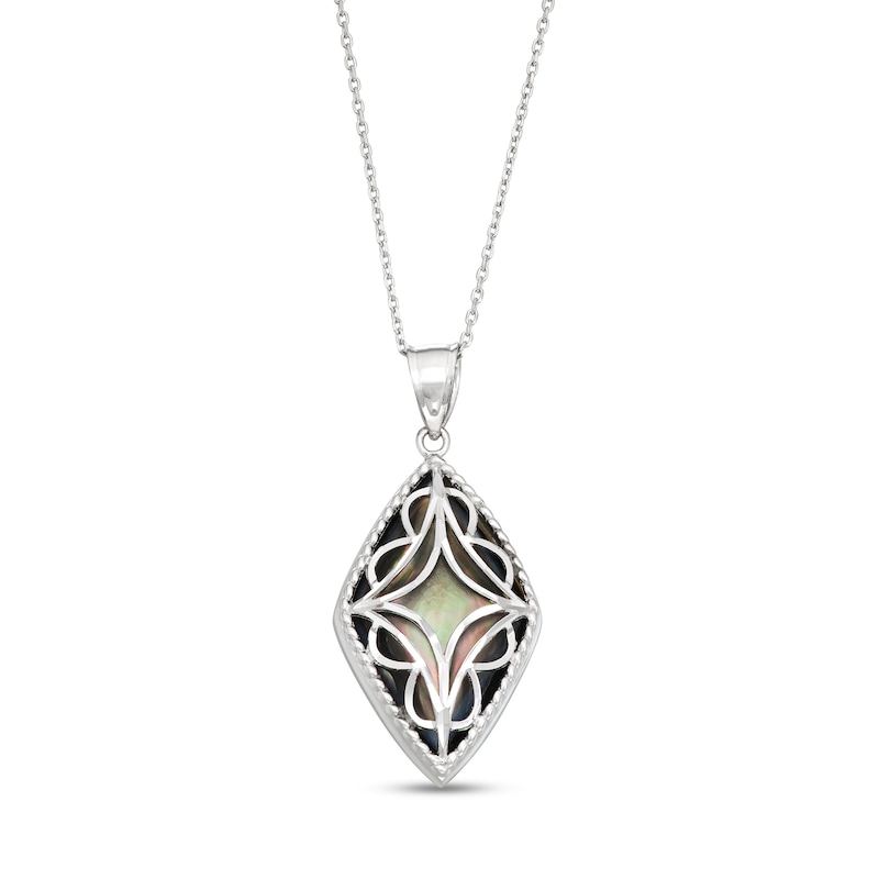 Black Mother-of-Pearl Bead Frame with Diamond-Cut Art Deco Overlay Kite-Shaped Drop Pendant in Sterling Silver