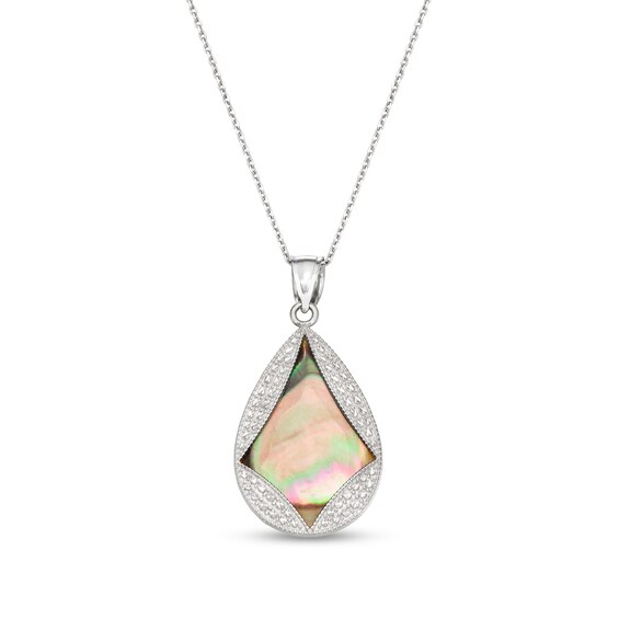 Pear-Shaped Black Mother-of-Pearl with Diamond-Cut Beaded Pendulum Cut-Out Overlay Drop Pendant in Sterling Silver