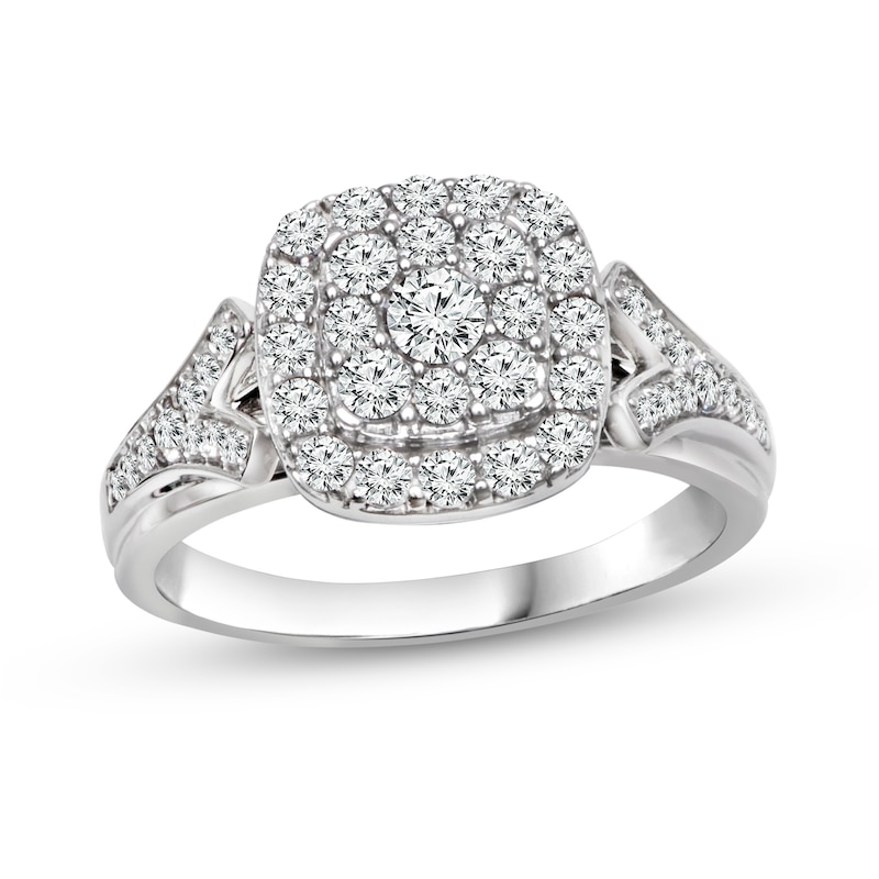 0.80 CT. T.W. Composite Cushion-Shaped Diamond Frame Split Shank Engagement Ring in 14K White Gold