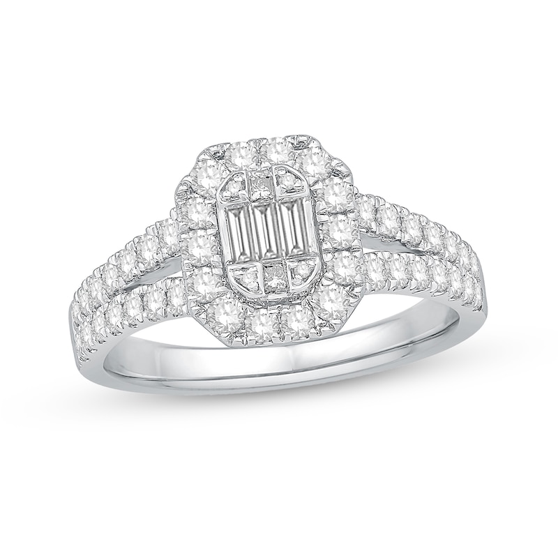 0.95 CT. T.W. Composite Emerald-Shaped Diamond Frame Split Shank Engagement Ring in 14K White Gold