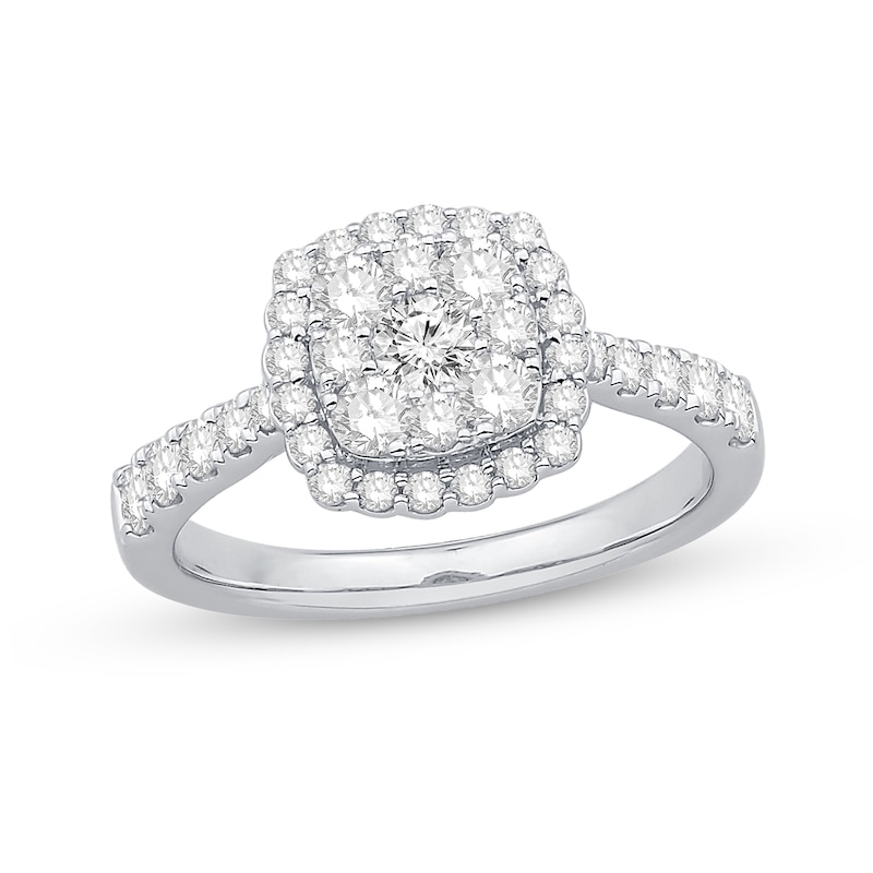0.95 CT. T.W. Composite Cushion-Shaped Diamond Frame Engagement Ring in 14K White Gold