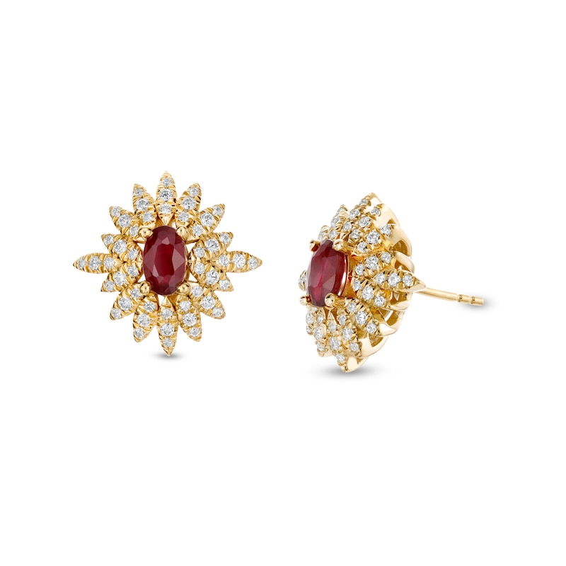 Oval Ruby and 0.33 CT. T.W. Diamond Floral Stud Earrings in 14K Gold|Peoples Jewellers