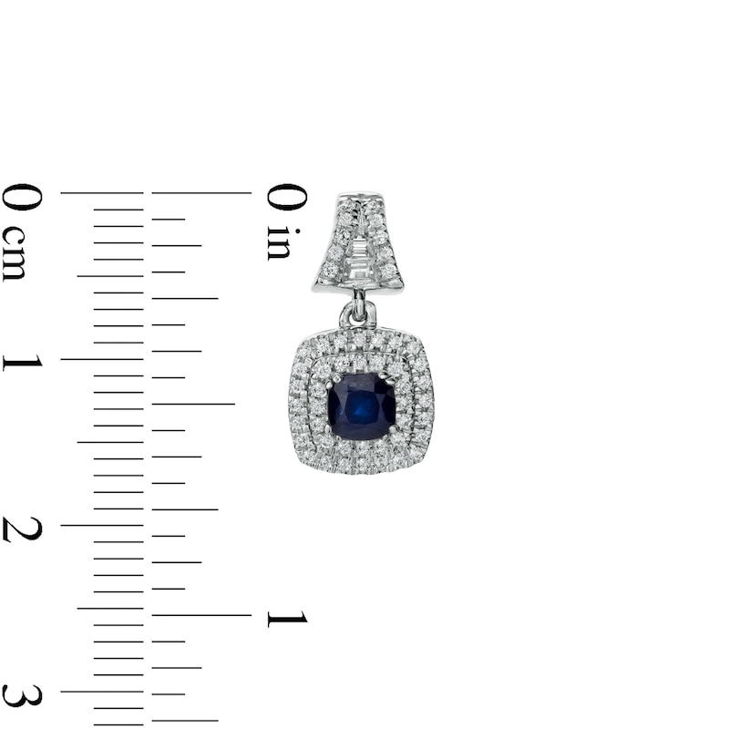 4.0mm Cushion-Cut Blue Sapphire and 0.40 CT. T.W. Diamond Double Frame Split Drop Earrings in 14K White Gold