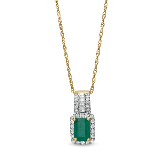 Octagonal Emerald and 0.15 CT. T.W. Diamond Rectangular Frame Triple Row Drop Pendant in 14K Gold
