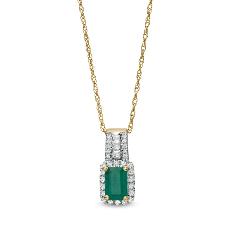 Octagonal Emerald and 0.15 CT. T.W. Diamond Rectangular Frame Triple Row Drop Pendant in 14K Gold
