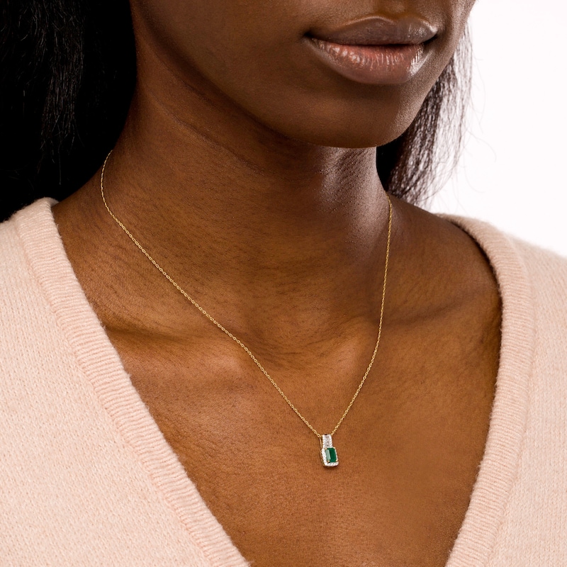 Main Image 2 of Octagonal Emerald and 0.15 CT. T.W. Diamond Rectangular Frame Triple Row Drop Pendant in 14K Gold