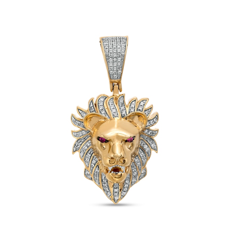 Men's 0.16 CT. T.W. Diamond and Lab-Created Ruby Lion Head Necklace Charm in 10K Gold
