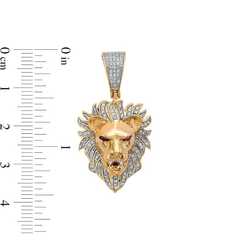 Men's 0.16 CT. T.W. Diamond and Lab-Created Ruby Lion Head Necklace Charm in 10K Gold