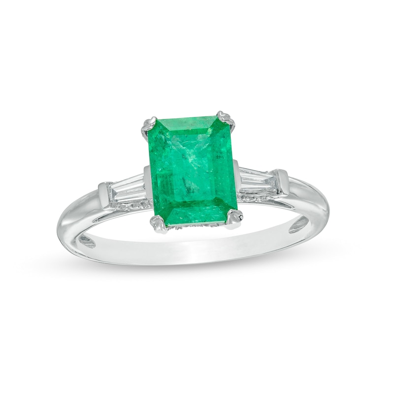 Emerald-Cut Emerald and 0.18 CT. T.W. Baguette and Round Diamond Collar Ring in 14K White Gold