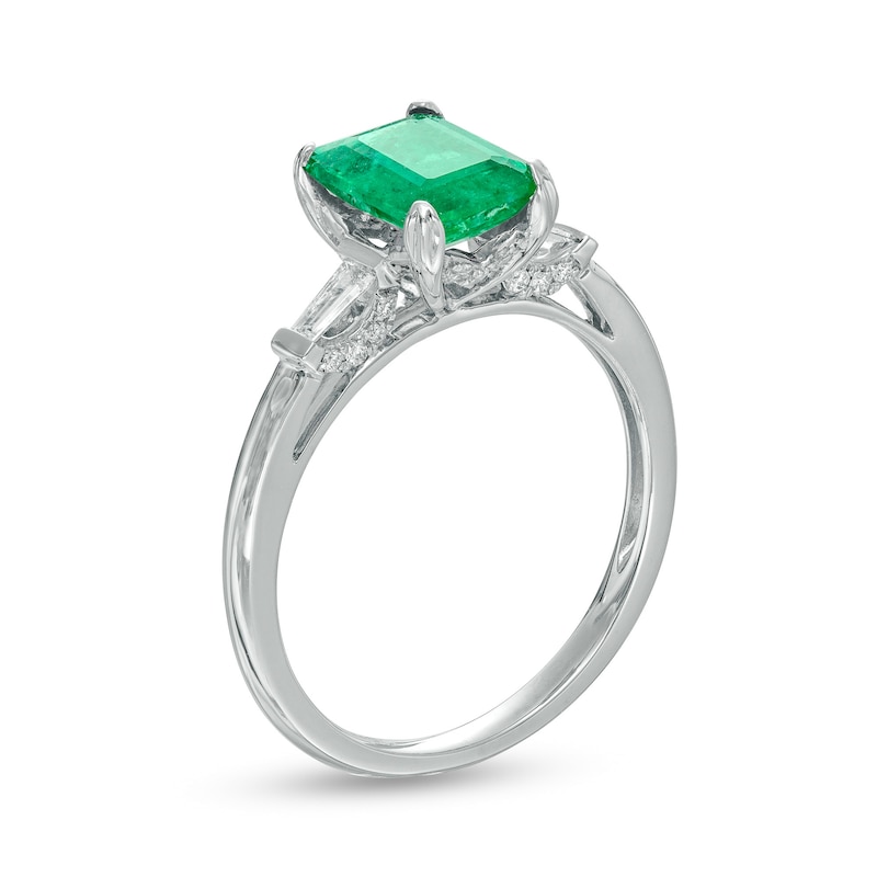 Emerald-Cut Emerald and 0.18 CT. T.W. Baguette and Round Diamond Collar Ring in 14K White Gold