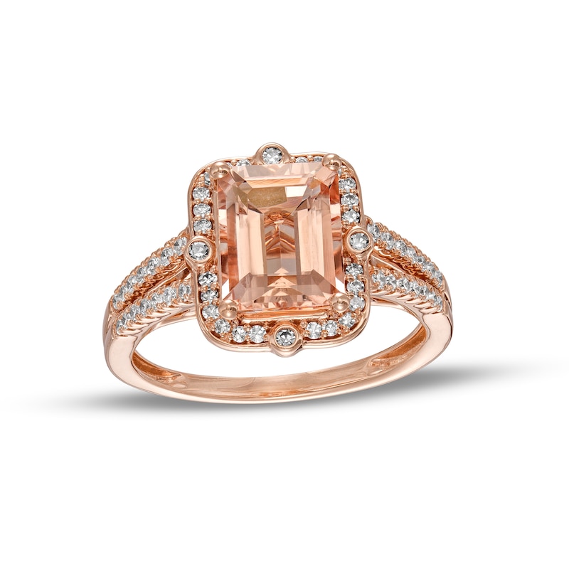 Emerald-Cut Morganite and 0.27 CT. T.W. Diamond Compass Frame Split Shank Ring in 14K Rose Gold