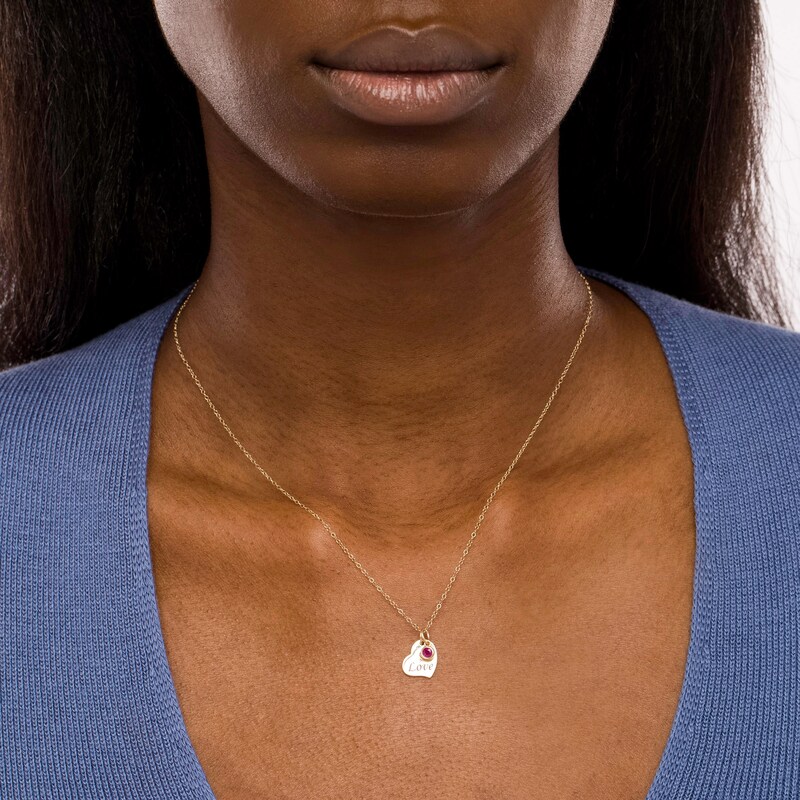 3.0mm Ruby Charm and Trio Cluster with Etched "Love" Tilted Double Heart Pendant in 10K Gold - 20"