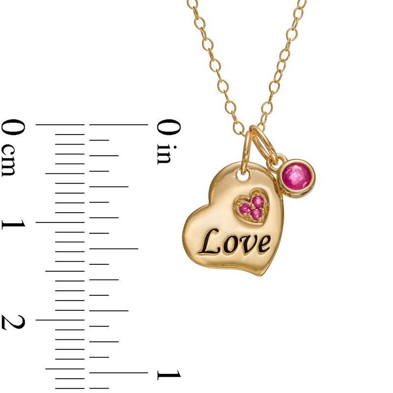 3.0mm Ruby Charm and Trio Cluster with Etched "Love" Tilted Double Heart Pendant in 10K Gold - 20"