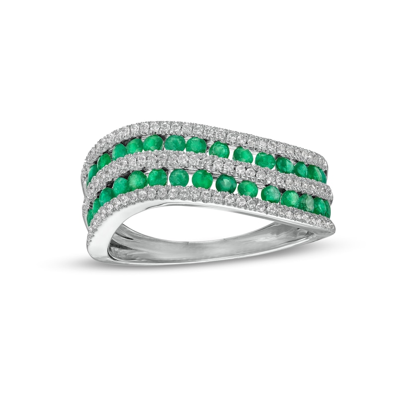 Main Image 1 of Emerald and 0.25 CT. T.W. Diamond Alternating Multi-Row Wave Ring in 14K White Gold
