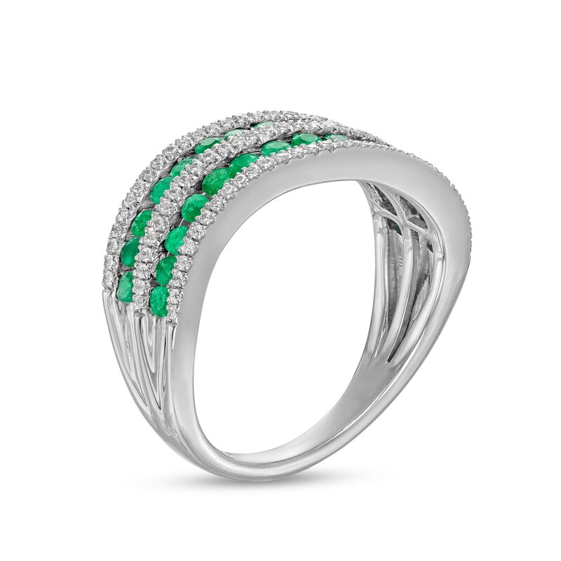 Main Image 3 of Emerald and 0.25 CT. T.W. Diamond Alternating Multi-Row Wave Ring in 14K White Gold