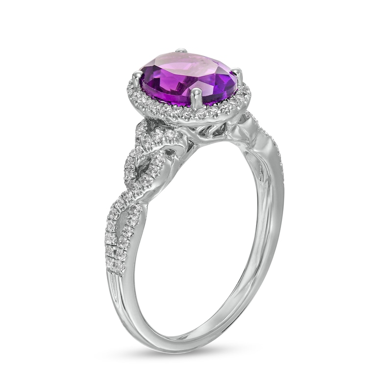 Oval Amethyst and 0.29 CT. T.W. Diamond Frame Twist Split Shank Ring in 14K White Gold