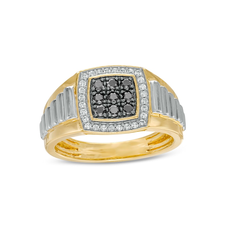Men's 0.50 CT. T.W. Black Enhanced and White Composite Cushion Diamond Frame Ribbed Shank Ring in 10K Two-Tone Gold|Peoples Jewellers