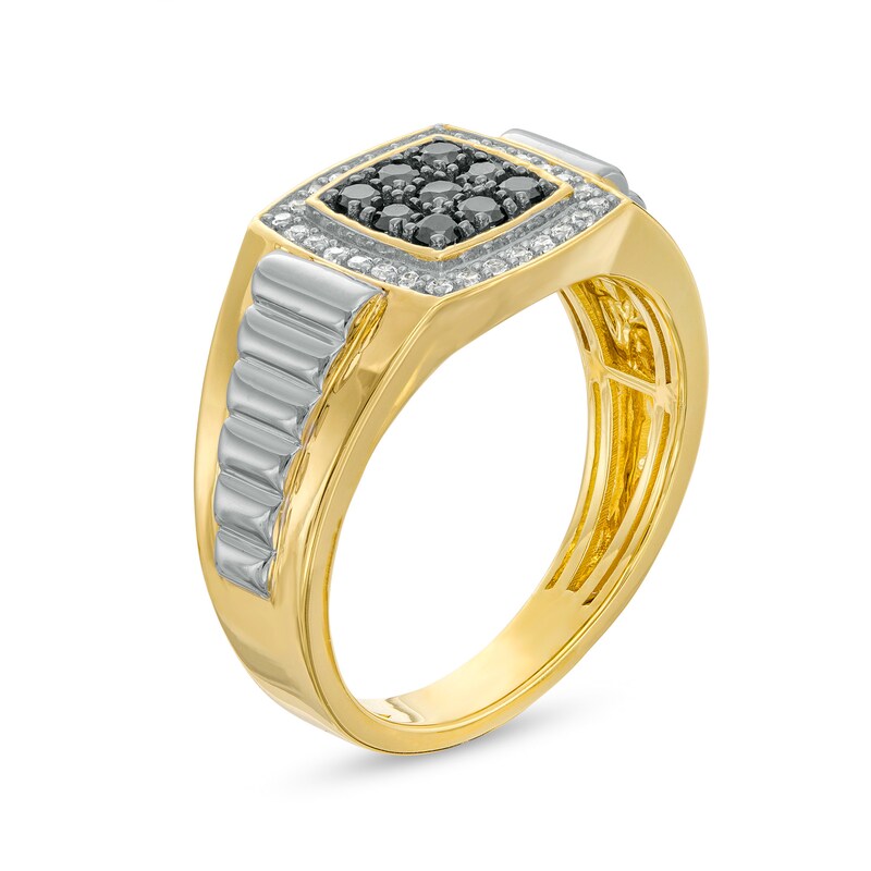 Men's 0.50 CT. T.W. Black Enhanced and White Composite Cushion Diamond Frame Ribbed Shank Ring in 10K Two-Tone Gold|Peoples Jewellers