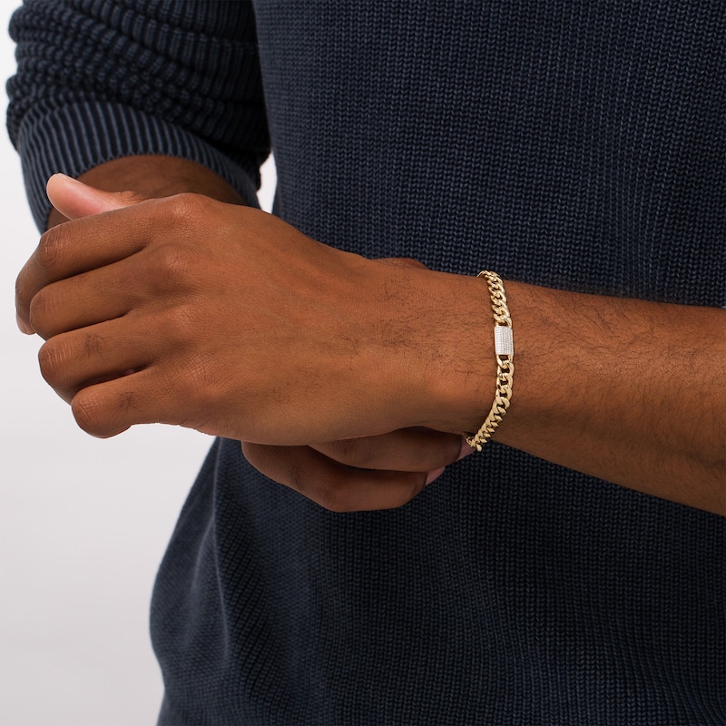 Main Image 2 of Men's 1/3 CT. T.W. Diamond Barrel 180 Gauge Curb Chain Bracelet in Hollow 10K Gold - 8.5&quot;