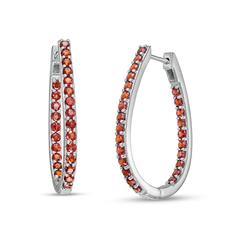 Main Image 1 of Garnet Inside-Out Oval Hoop Earrings in Sterling Silver
