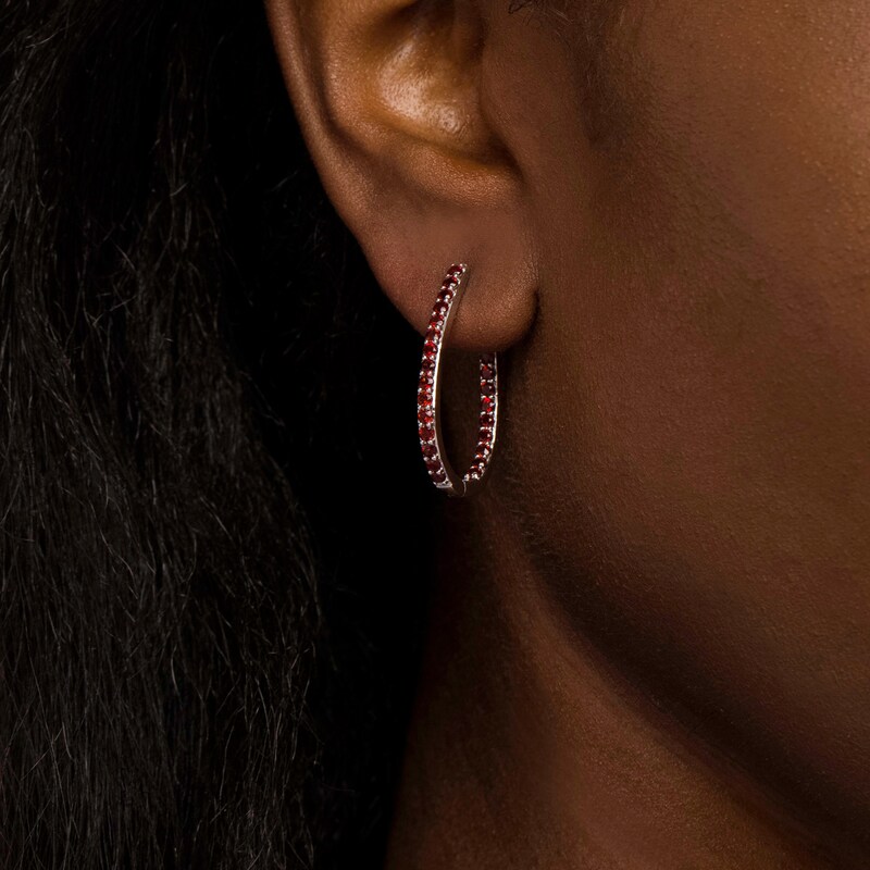 Main Image 2 of Garnet Inside-Out Oval Hoop Earrings in Sterling Silver
