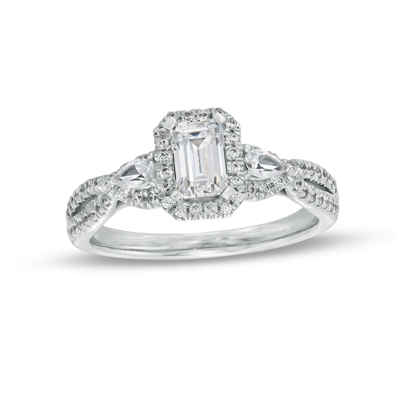 1.00 CT. T.W. Emerald-Cut Diamond Frame Past Present Future® Engagement Ring in 14K White Gold (I/I1)