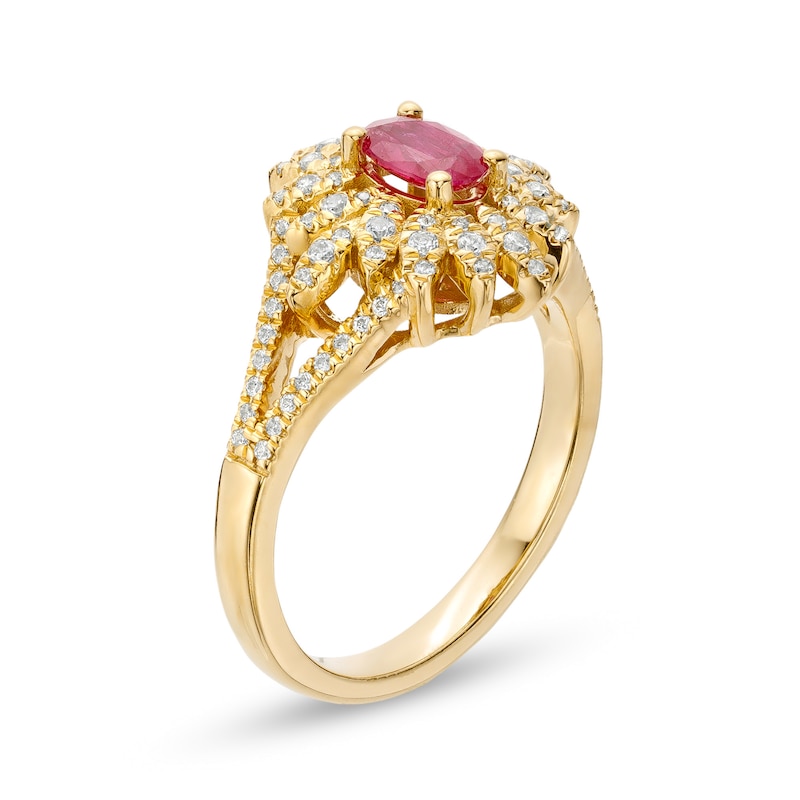 Oval Ruby and 0.33 CT. T.W. Diamond Floral Split Shank Ring in 14K Gold