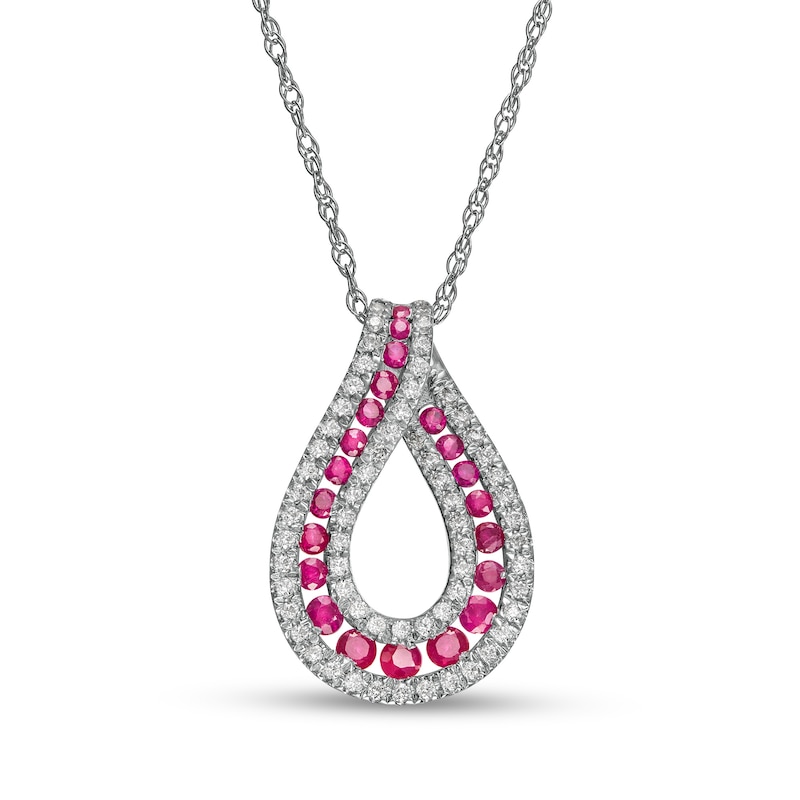 Ruby and 0.20 CT. T.W. Diamond Border Graduated Triple Row Loop Teardrop Pendant in 14K White Gold