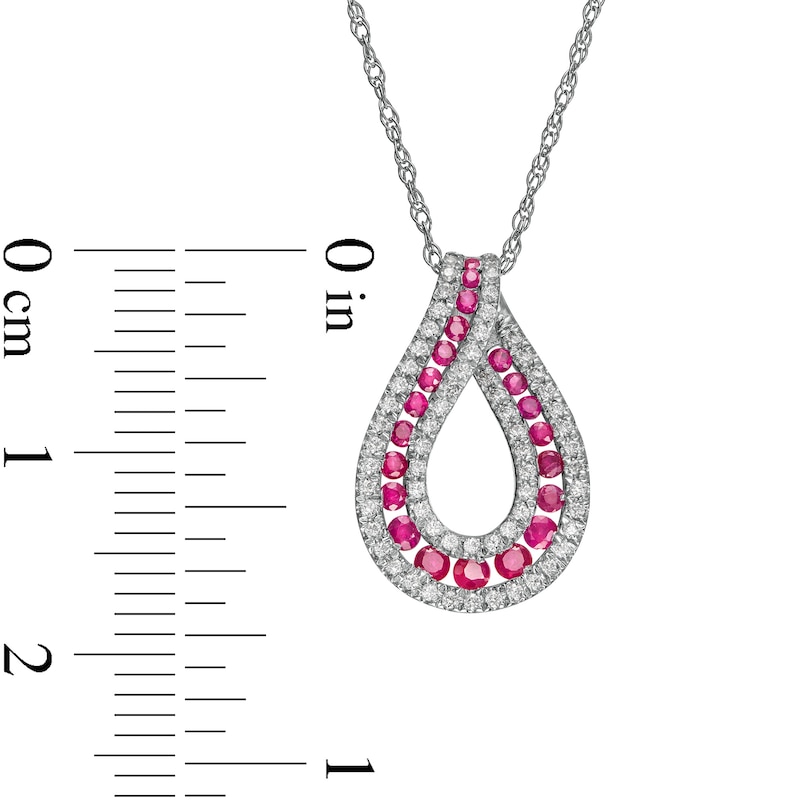 Ruby and 0.20 CT. T.W. Diamond Border Graduated Triple Row Loop Teardrop Pendant in 14K White Gold