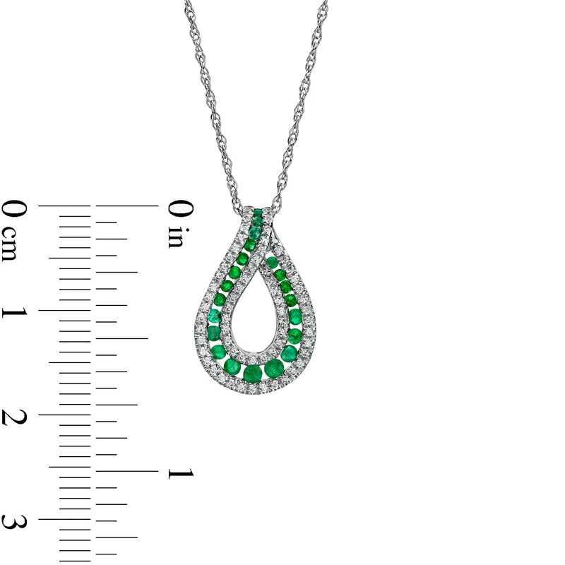 Emerald and 0.20 CT. T.W. Diamond Border Graduated Triple Row Loop Teardrop Pendant in 14K White Gold