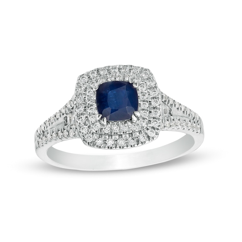 5.0mm Cushion-Cut Blue Sapphire and 0.40 CT. T.W. Diamond Double Frame Side Accent Split Shank Ring in 14K White Gold