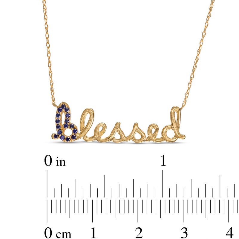 Blue Sapphire Cursive "blessed" Necklace in 10K Gold - 20"