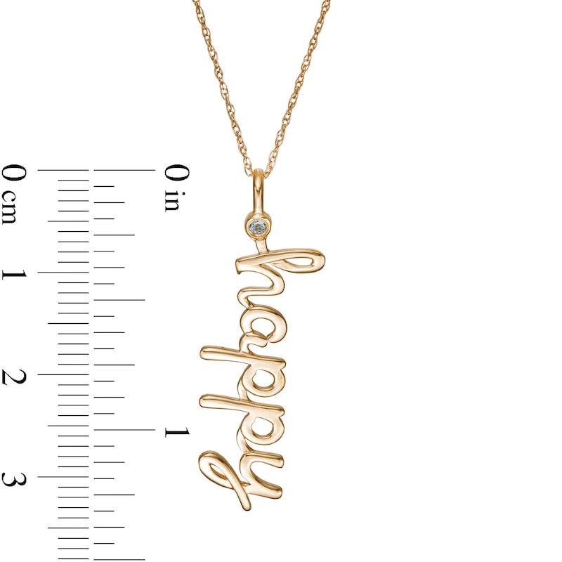 Bezel-Set Aquamarine Solitaire Accent Linear Cursive "happy" Pendant in 10K Gold