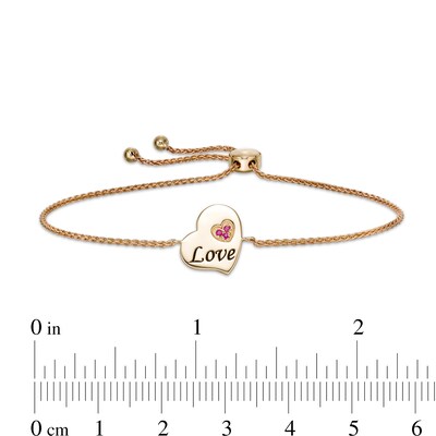Ruby Trio Accent Etched "Love" Tilted Heart Disc Bolo Bracelet in 10K Gold - 9"